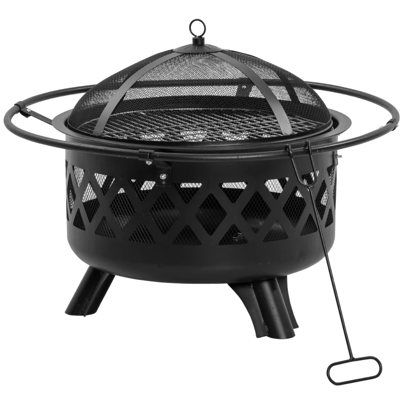 Outsunny misa paleniskowa 2 w 1 kosz paleniskowy z osłoną przed iskrami kratka grillowa Ø 82 cm palenisko do ogrzewania BBQ grill ogród taras kształt okrągły kolor czarny