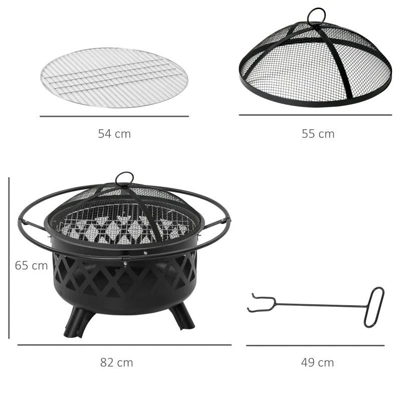 Outsunny misa paleniskowa 2 w 1 kosz paleniskowy z osłoną przed iskrami kratka grillowa Ø 82 cm palenisko do ogrzewania BBQ grill ogród taras kształt okrągły kolor czarny