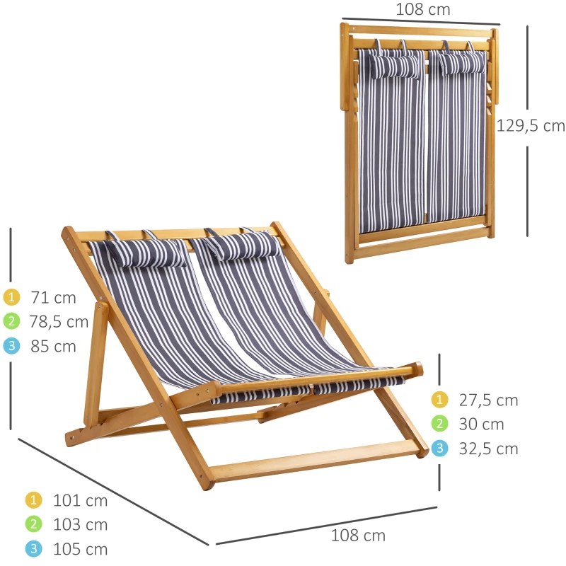 Outsunny 2-osobowy leżak ogrodowy, składany, do 200 kg, teak+szary+biały, 108 x 105 x 85 cm