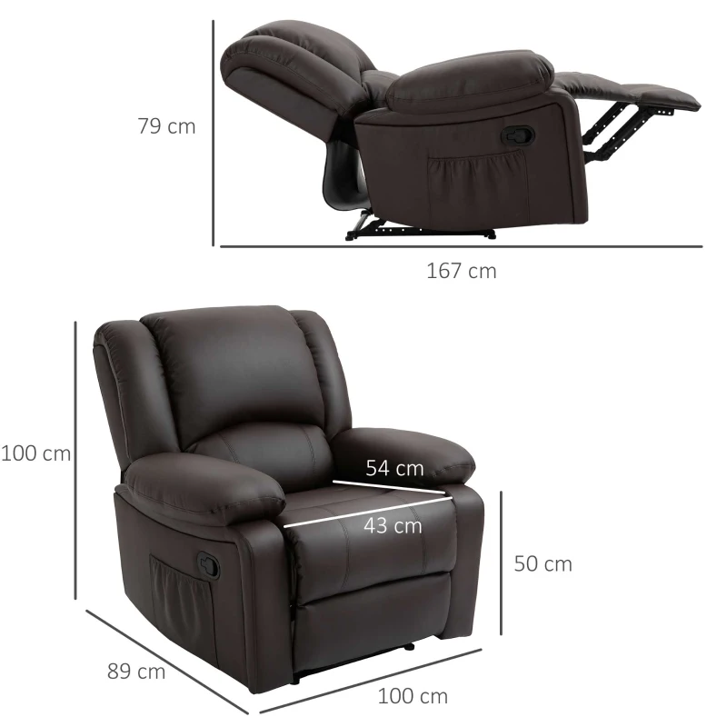 HOMCOM Fotoliu Relax Rabatabil la 135° cu Maner si Buzunare Laterale, 100x89x100cm, Maro