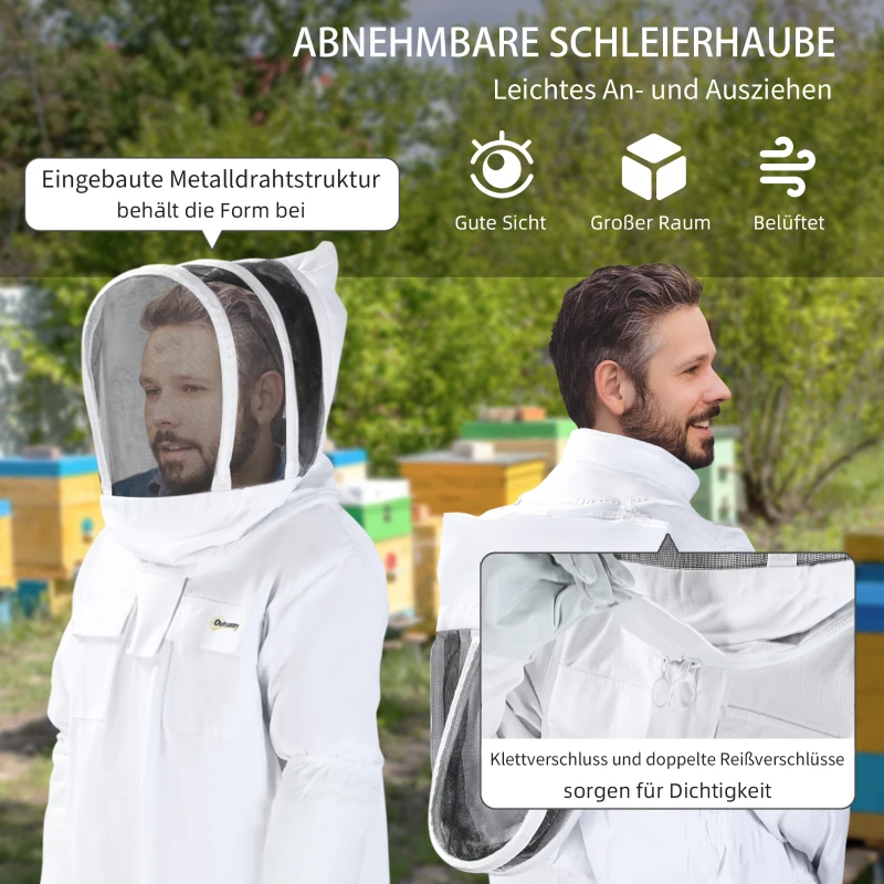 Outsunny Imkeranzug aus Baumwolle Imkerei Anzug Schutzbekleidung mit Schleier Ziegenlederhandschuhe Weiß XXL Unisex