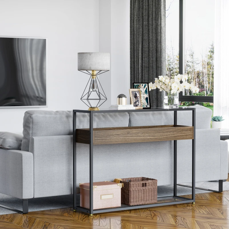 HOMCOM Industrial Style Console Table Sofa Table with Tempered Glass Top and Steel Frame for Living Room Hallway Entrance