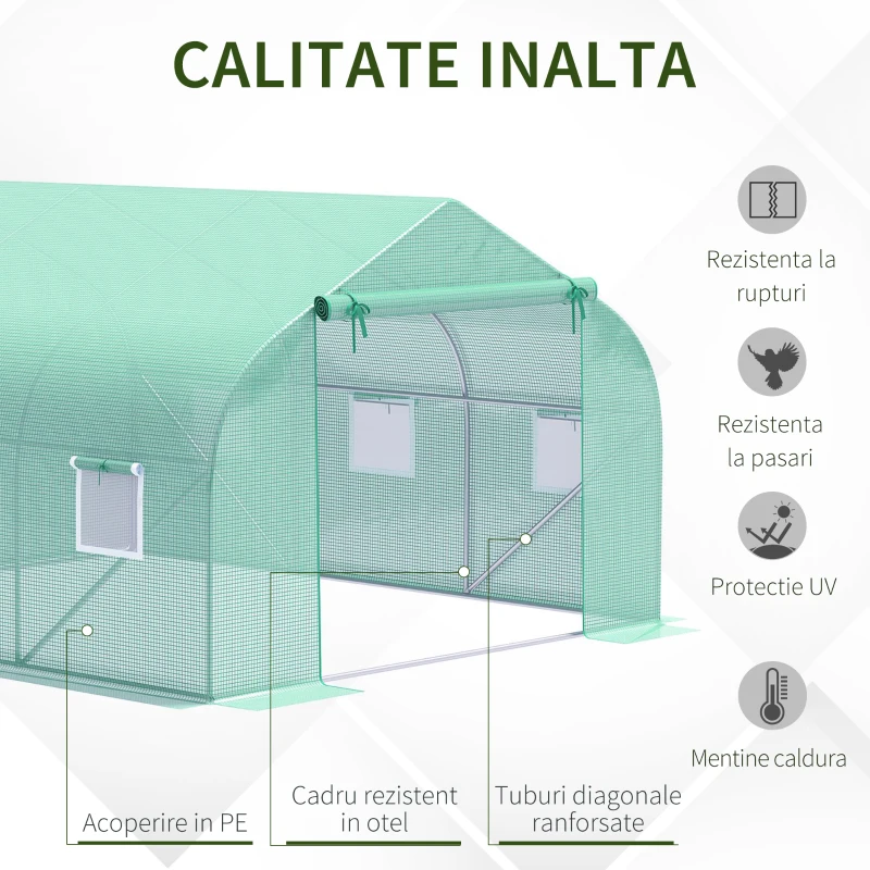 Outsunny Seră de Grădină Tunel cu Ușă Rulantă, 6 Ferestre și Acoperiș Învelit PE pentru Plante, 3,5x3x2 m, Verde(m-4)