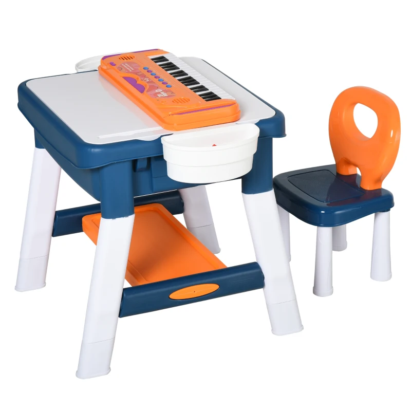 HOMCOM Kinder Aktivitätstisch Spieltisch, 2 in 1 Kinderschreibtisch mit Stauraum, Kindersitzgruppe, Bautisch mit Stuhl Klavier, Baustein, für 3-12 Jahren, PP, 68 x 46 x 52 cm