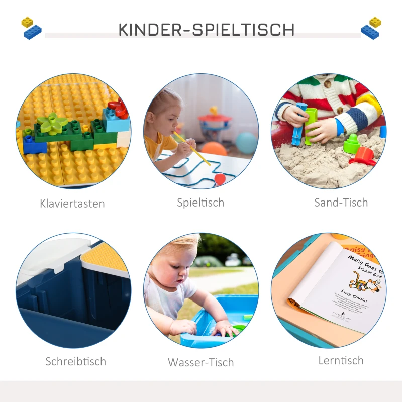 HOMCOM Kinder Aktivitätstisch Spieltisch, 2 in 1 Kinderschreibtisch mit Stauraum, Kindersitzgruppe, Bautisch mit Stuhl Klavier, Baustein, für 3-12 Jahren, PP, 68 x 46 x 52 cm