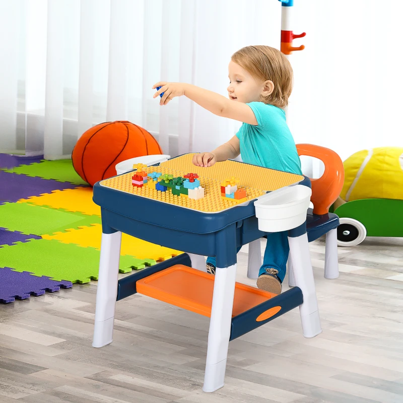 HOMCOM Kinder Aktivitätstisch Spieltisch, 2 in 1 Kinderschreibtisch mit Stauraum, Kindersitzgruppe, Bautisch mit Stuhl Klavier, Baustein, für 3-12 Jahren, PP, 68 x 46 x 52 cm