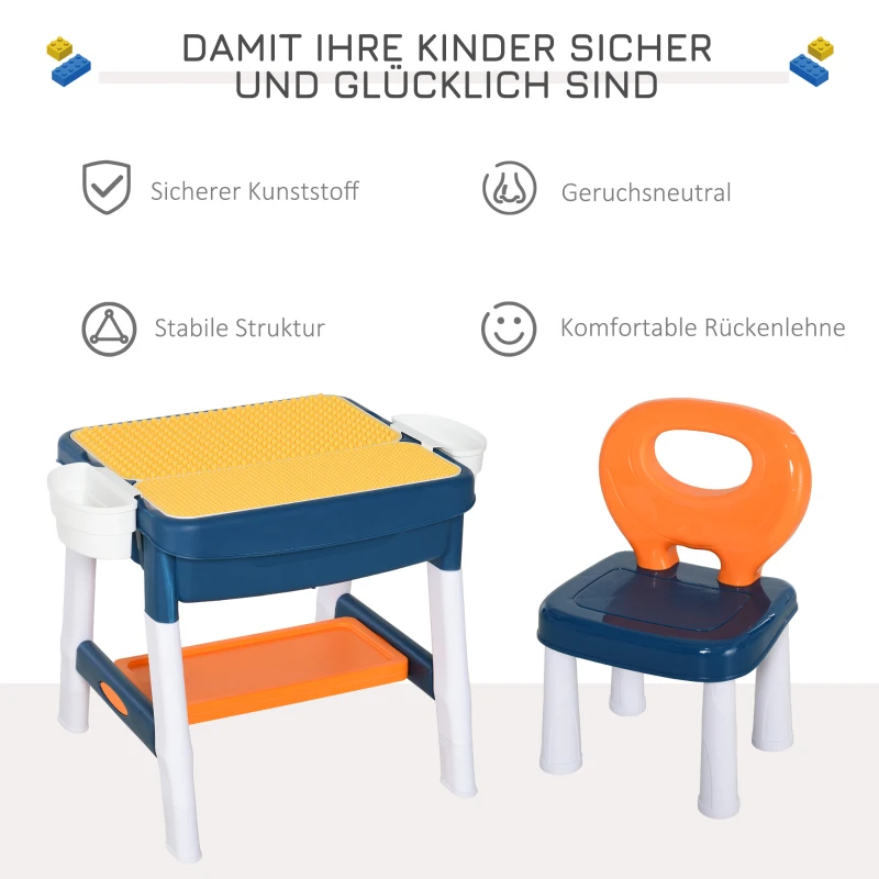 HOMCOM Kinder Aktivitätstisch Spieltisch, 2 in 1 Kinderschreibtisch mit Stauraum, Kindersitzgruppe, Bautisch mit Stuhl Klavier, Baustein, für 3-12 Jahren, PP, 68 x 46 x 52 cm