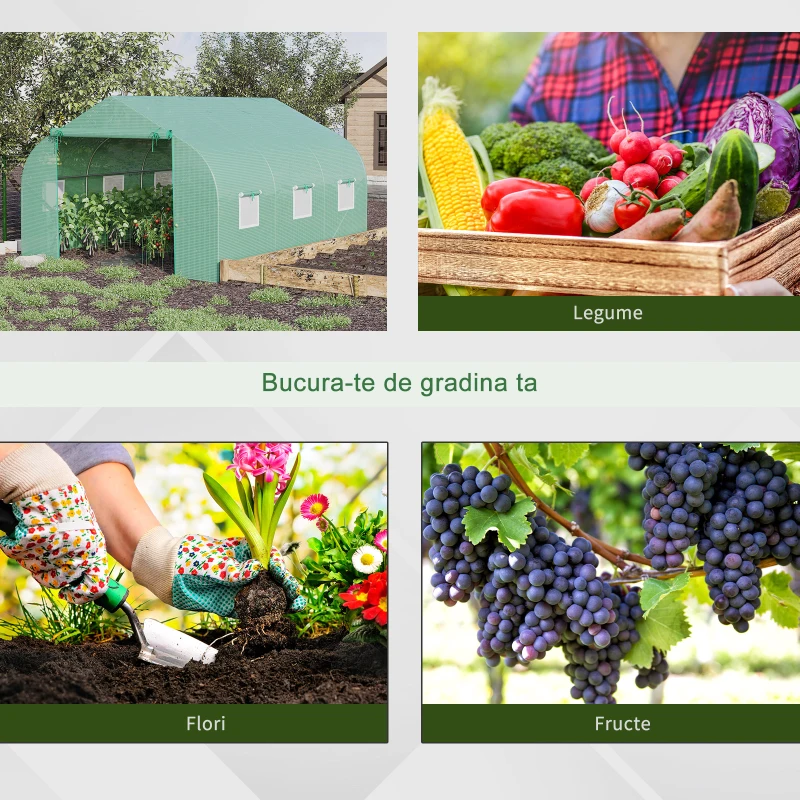 Outsunny Seră de Grădină Tunel cu Ușă Rulantă, 6 Ferestre și Acoperiș Învelit PE pentru Plante, 3,5x3x2 m, Verde(m-6)
