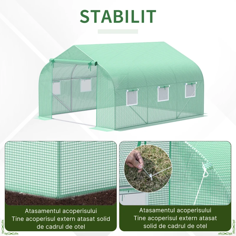 Outsunny Seră de Grădină Tunel cu Ușă Rulantă, 6 Ferestre și Acoperiș Învelit PE pentru Plante, 3,5x3x2 m, Verde(m-5)