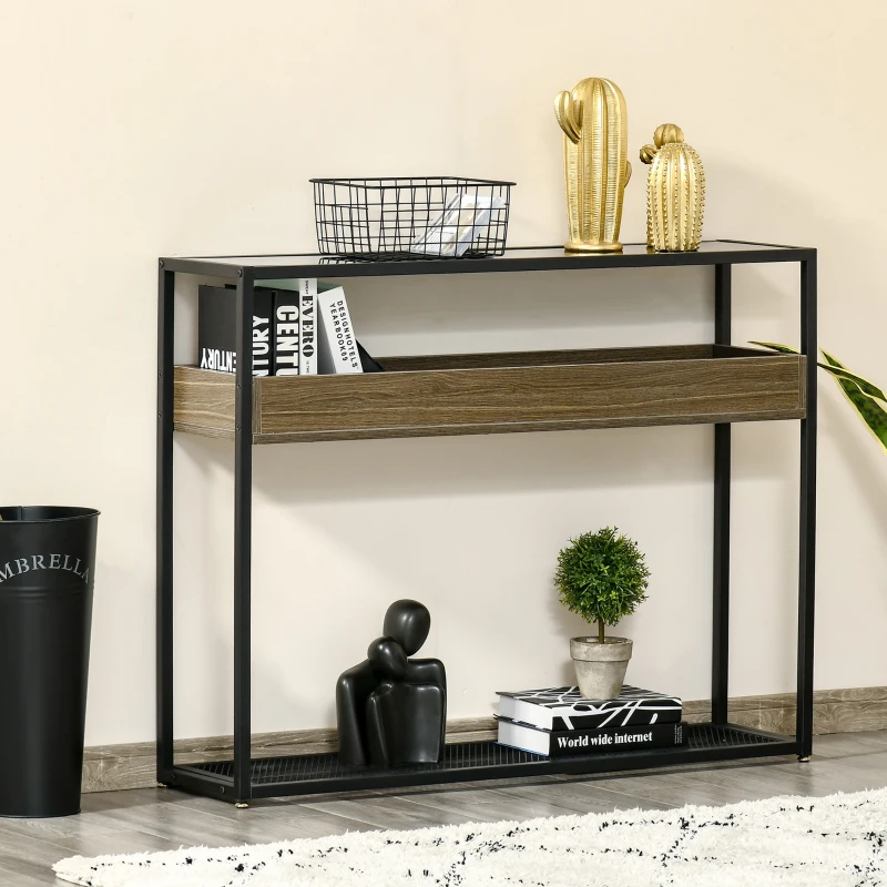 HOMCOM Industrial Style Console Table Sofa Table with Tempered Glass Top and Steel Frame for Living Room Hallway Entrance