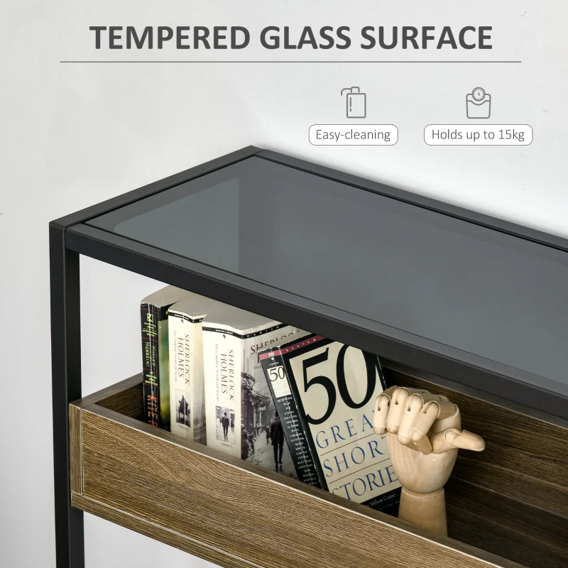 HOMCOM Industrial Style Console Table Sofa Table with Tempered Glass Top and Steel Frame for Living Room Hallway Entrance