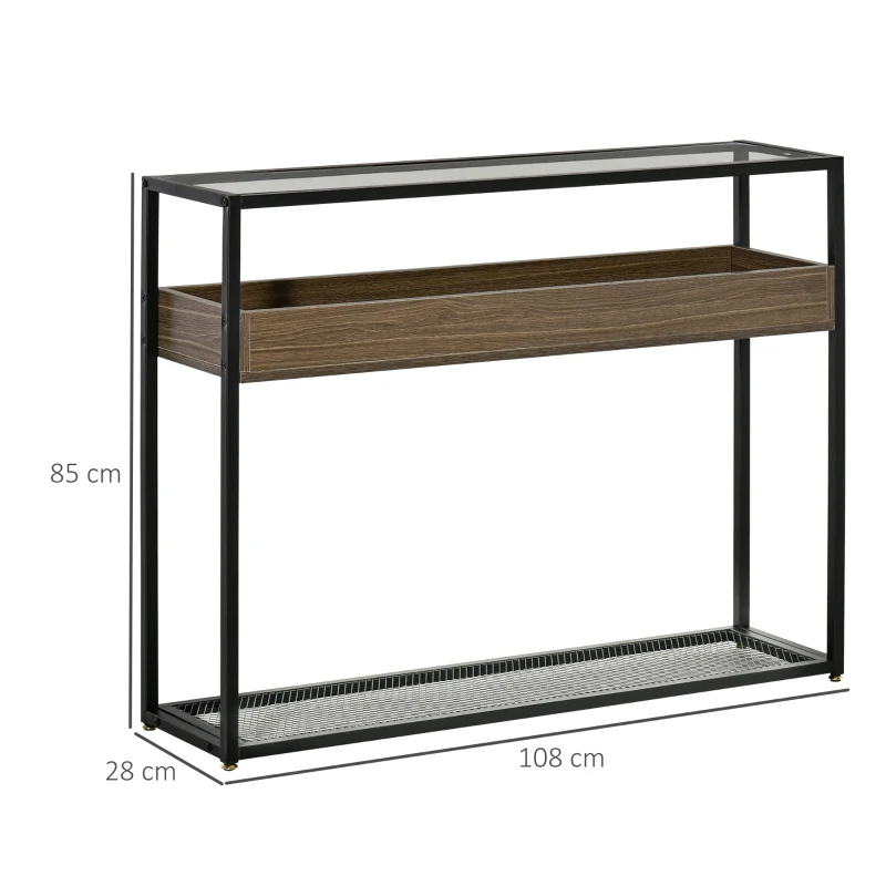 HOMCOM Industrial Style Console Table Sofa Table with Tempered Glass Top and Steel Frame for Living Room Hallway Entrance