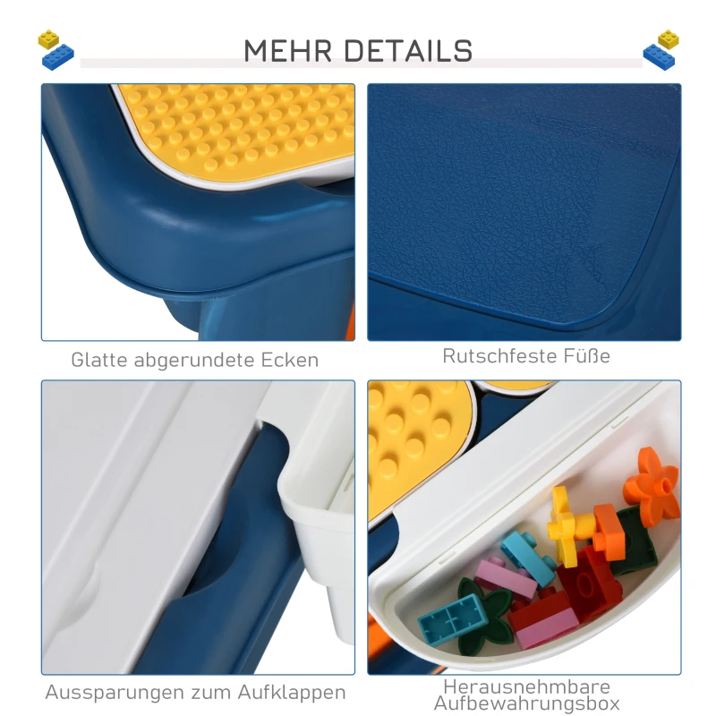 HOMCOM Kinder Aktivitätstisch Spieltisch, 2 in 1 Kinderschreibtisch mit Stauraum, Kindersitzgruppe, Bautisch mit Stuhl Klavier, Baustein, für 3-12 Jahren, PP, 68 x 46 x 52 cm