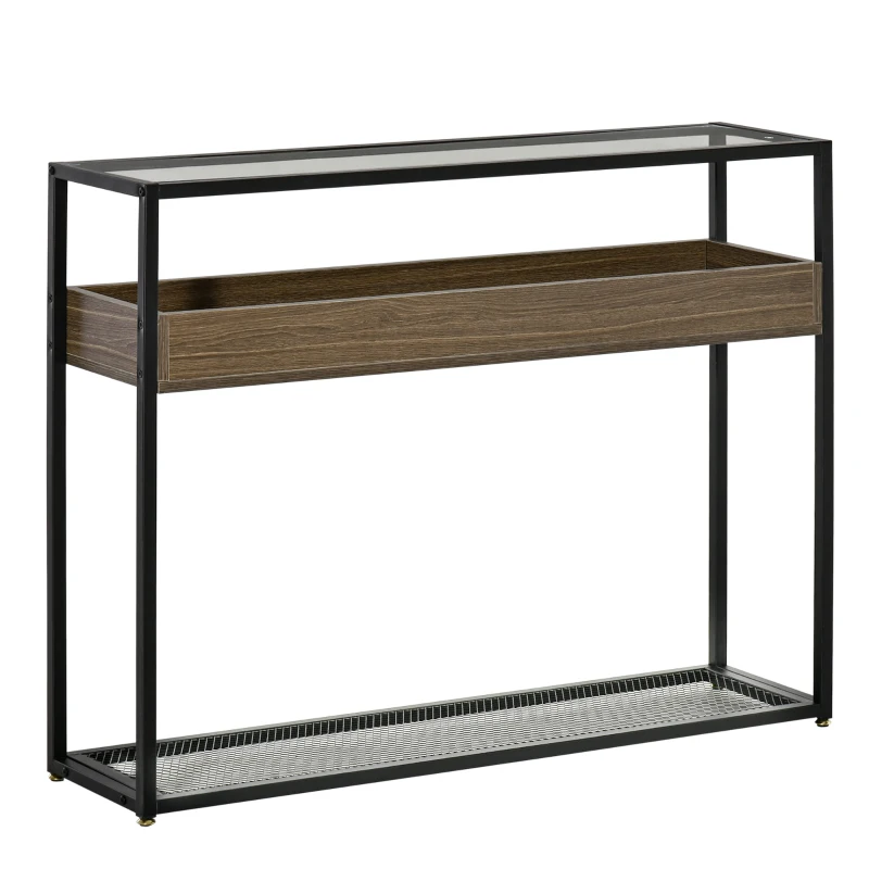 HOMCOM Industrial Style Console Table Sofa Table with Tempered Glass Top and Steel Frame for Living Room Hallway Entrance