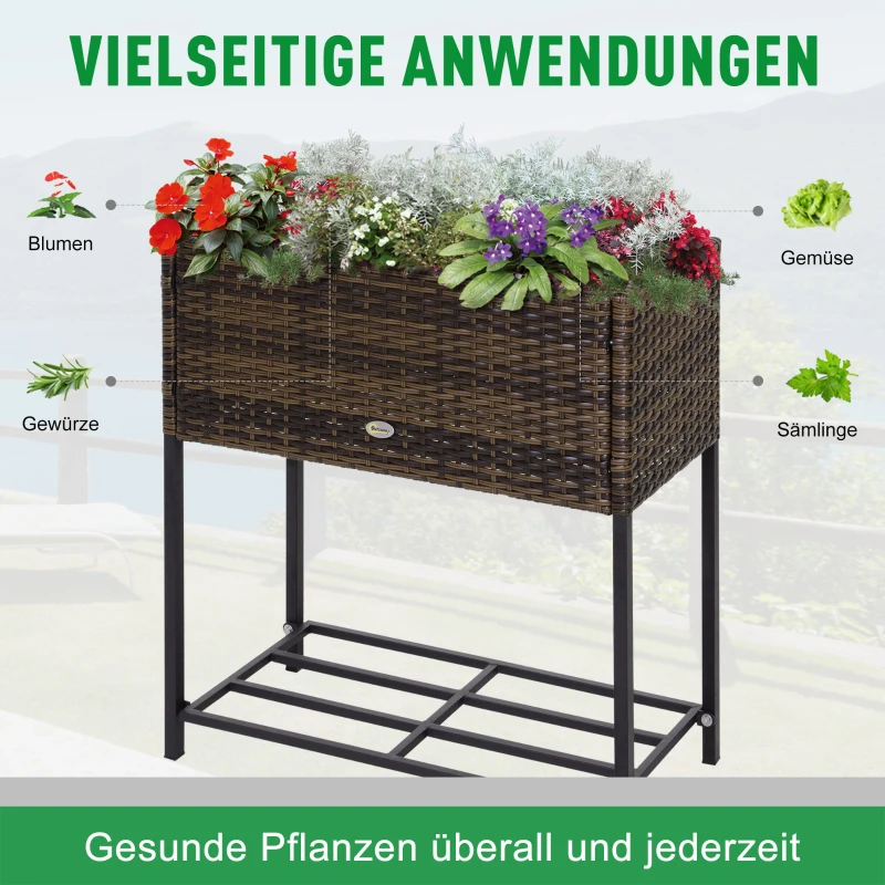 Outsunny Poly rotan bloembak met verhoogd bed en poten Bloempot met plank bruin 70 x 30 x 72 cm