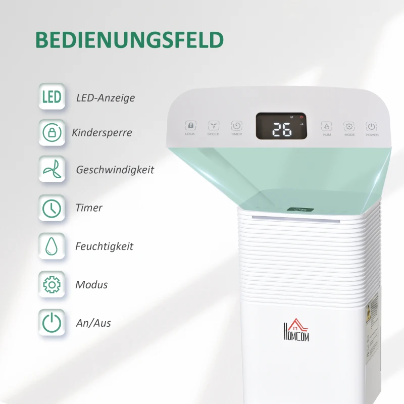 HOMCOM luchtontvochtiger kamergrootte 18-28 ㎡ 12 L / 24 u. elektrische luchtontvochtiger 2000 ml ontvochtiger tegen vocht met wielen voor de badkamer woonkamer slaapkamer ABS wit 22 x 25 x 44,5 cm
