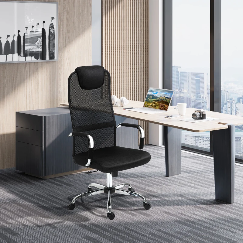 Vinsetto High-Back Office Chair Mesh Fabric Swivel Computer Desk Chair Home Study Chair with Wheels, Electroplate Steel Frame, Arm, Black
