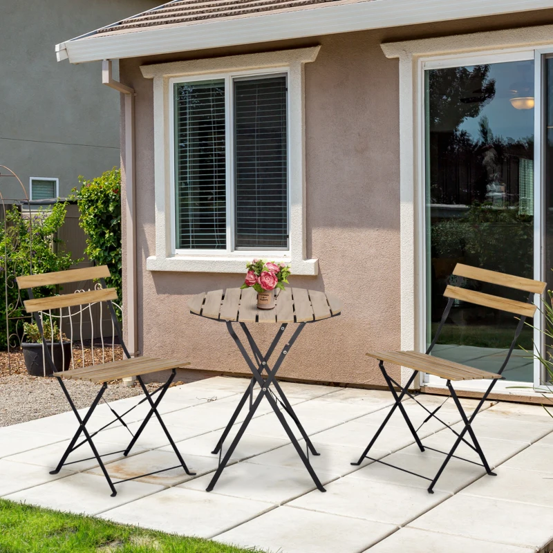Outsunny Zestaw Bistro dla 2 Osób Składany Bistrotisch z 2 Krzesłami Meble Ogrodowe Metal Drewno Sosnowe Naturalne
