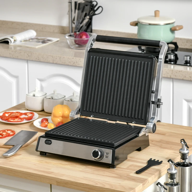 HOMCOM Kontaktgrill Elektrogrill für 4 Scheibe Sandwiches Toasts Steak Panini 2000W Tischgrill BBQ mit regelbarem Thermostat 180 Grad aufklappbar Aluminium Edelstahl Silber+Schwarz 36,6x35,7x16,2 cm
