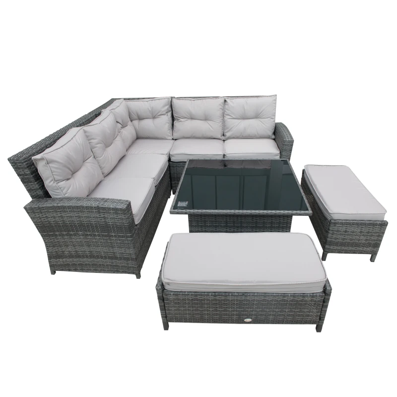 Outsunny 6 Pcs Rattan Corner Sofa Rising Table Set, Aluminium Frame Outdoor Patio Garden Wicker Dining Furniture Adjustable convertible Table
