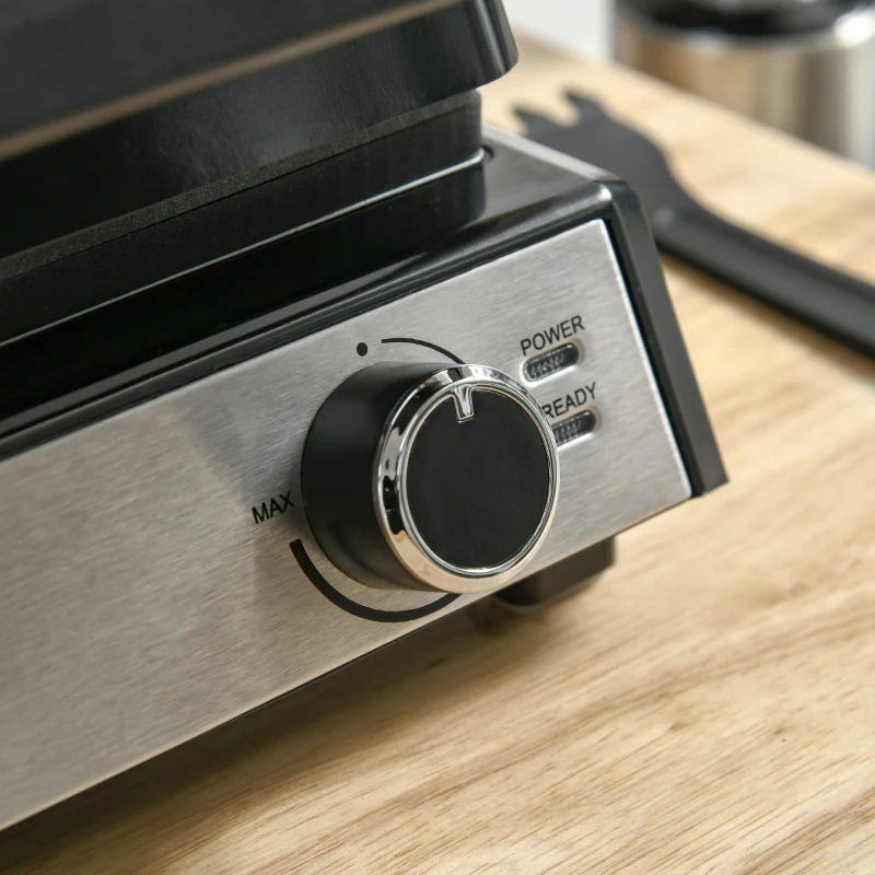 HOMCOM Kontaktgrill Elektrogrill für 4 Scheibe Sandwiches Toasts Steak Panini 2000W Tischgrill BBQ mit regelbarem Thermostat 180 Grad aufklappbar Aluminium Edelstahl Silber+Schwarz 36,6x35,7x16,2 cm