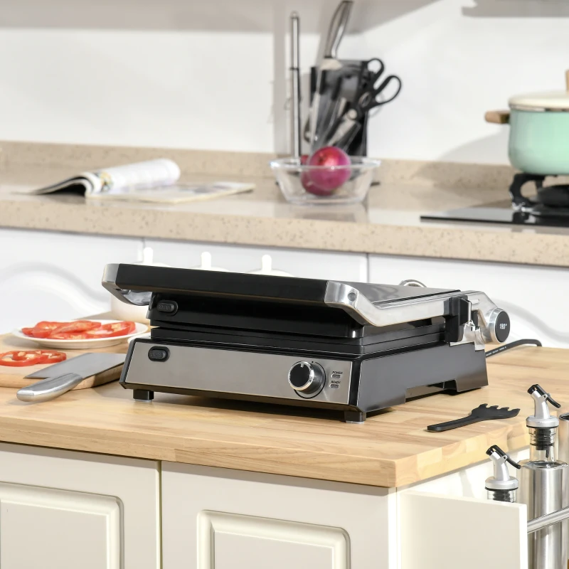 HOMCOM Kontaktgrill Elektrogrill für 4 Scheibe Sandwiches Toasts Steak Panini 2000W Tischgrill BBQ mit regelbarem Thermostat 180 Grad aufklappbar Aluminium Edelstahl Silber+Schwarz 36,6x35,7x16,2 cm