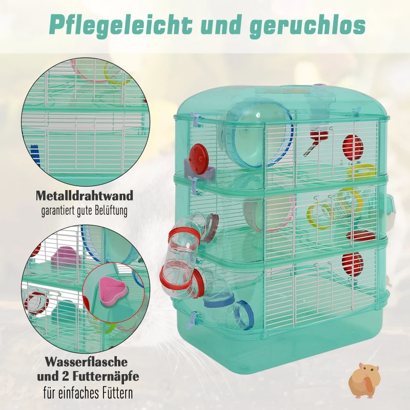 PawHut Kleintierkäfig Laufrad Futternapf Trinkflasche Grün 40,5 x 28 x 55 cm