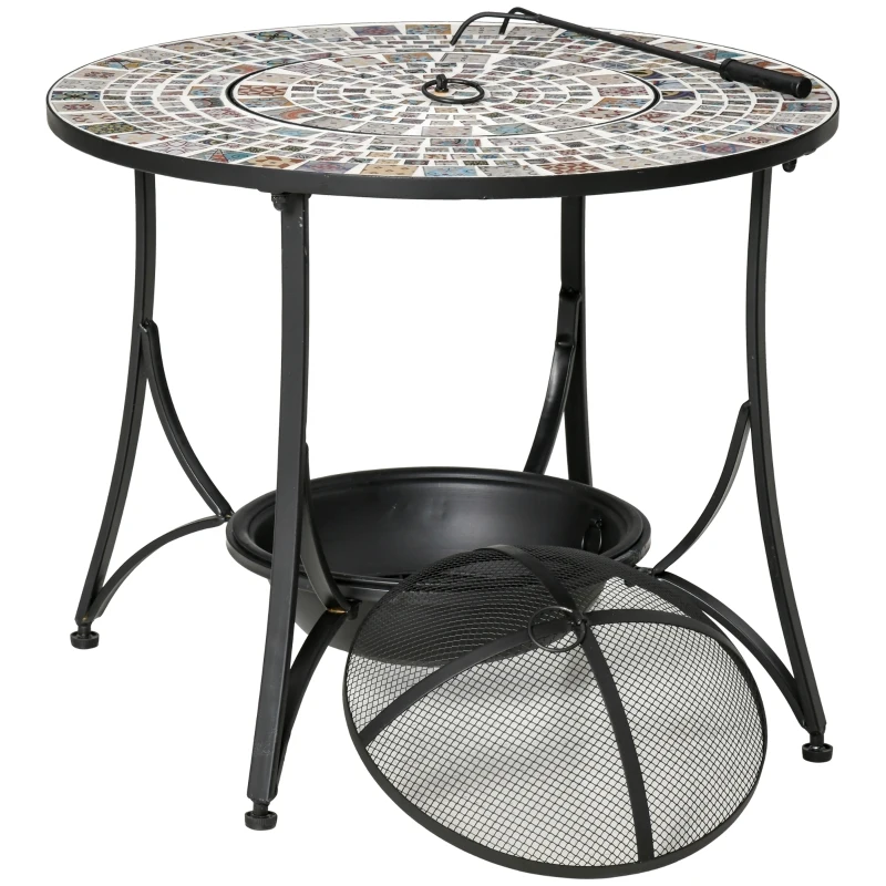 Outsunny tuintafel met vuurschaal metalen tegel 75 x 75x 60 cm