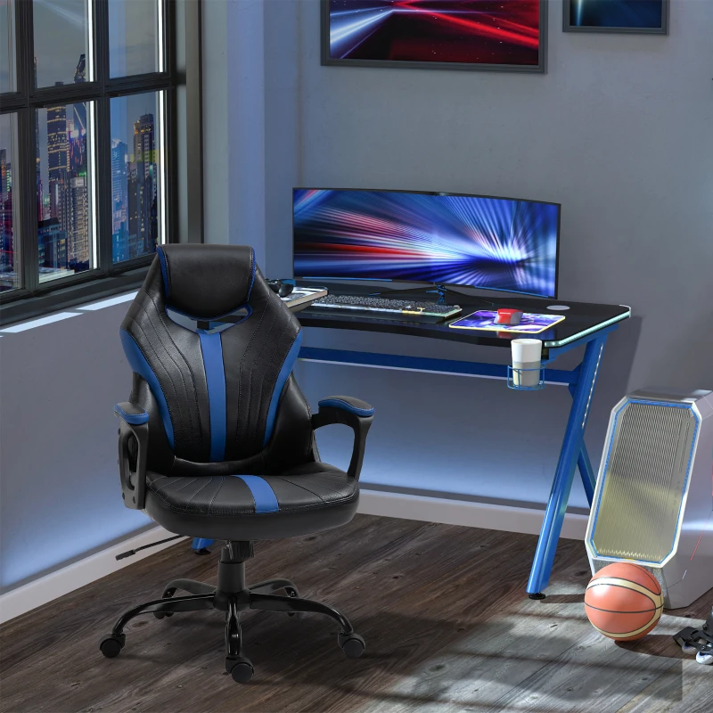 Vinsetto Computer Gaming Chair, Desk Chair with Breathable PU Leather Back and Seat, Soft Padded Armrests and Rolling Wheels for Adults and Gamers, Blue