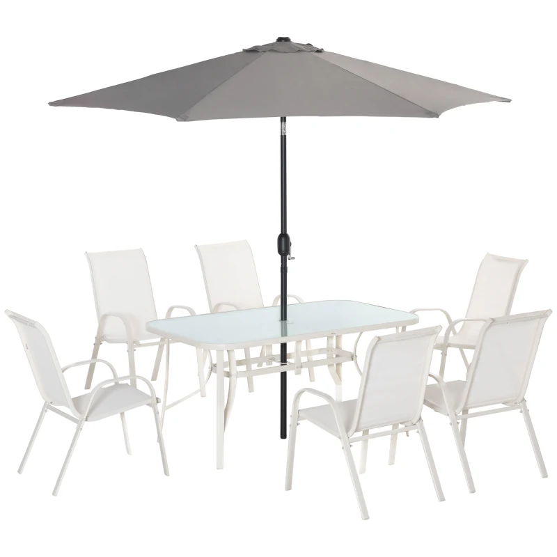 Outsunny Sitzgruppe für 6 Personen Essgruppe mit Sonnenschirm Gartenmöbel Set Alu Cremeweiß+Hellgrau