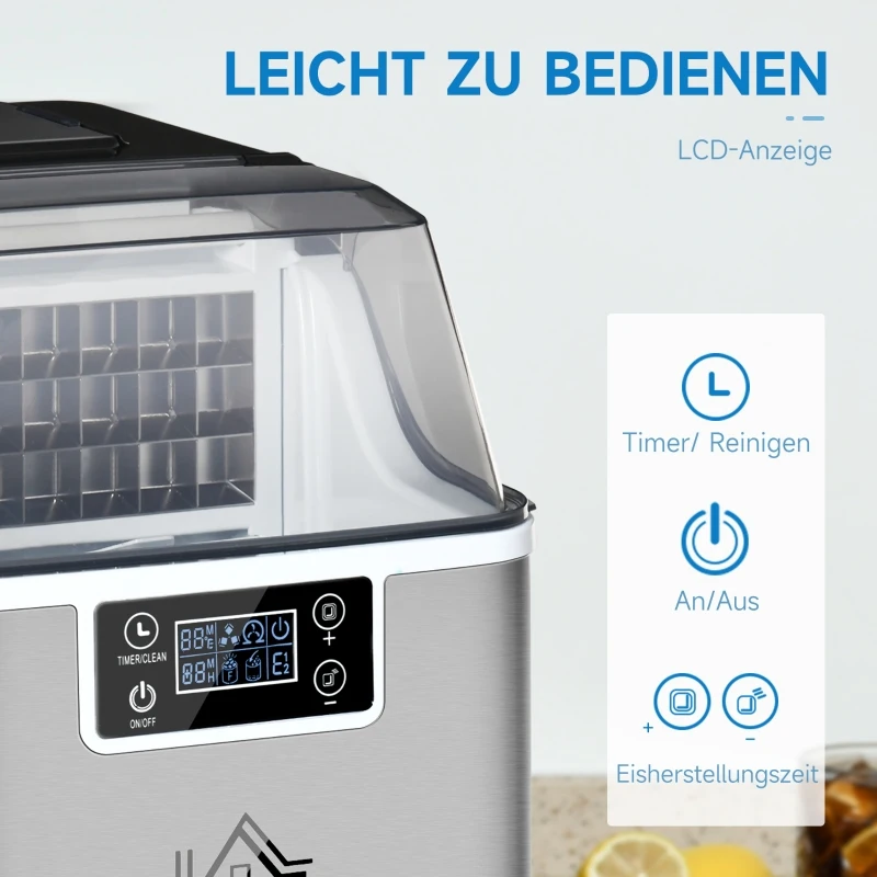 HOMCOM Ijsmaker, Compacte 20kg Ijsblokjesmachine met Zelfreinigende Functie voor Huisgebruik, Zilver