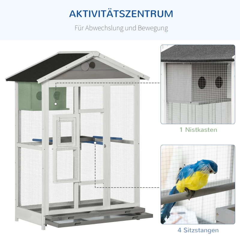 PawHut Houten Volière Vogelkooi met Zitstok Asfalt Dak Binnen/Buiten Waterdicht 112 x 68 x 154 cm