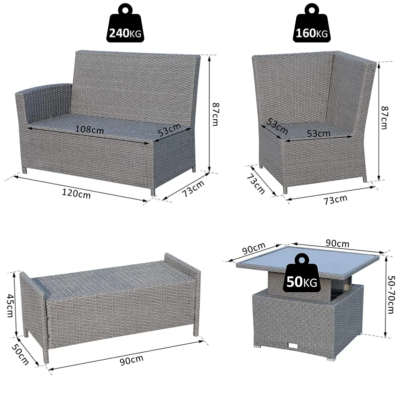 Outsunny 6 Pcs Rattan Corner Sofa Rising Table Set, Aluminium Frame Outdoor Patio Garden Wicker Dining Furniture Adjustable convertible Table