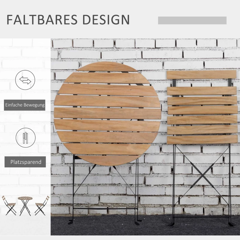 Outsunny Zestaw Bistro dla 2 Osób Składany Bistrotisch z 2 Krzesłami Meble Ogrodowe Metal Drewno Sosnowe Naturalne