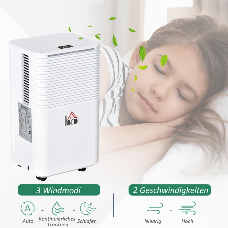 HOMCOM luchtontvochtiger kamergrootte 18-28 ㎡ 12 L / 24 u. elektrische luchtontvochtiger 2000 ml ontvochtiger tegen vocht met wielen voor de badkamer woonkamer slaapkamer ABS wit 22 x 25 x 44,5 cm