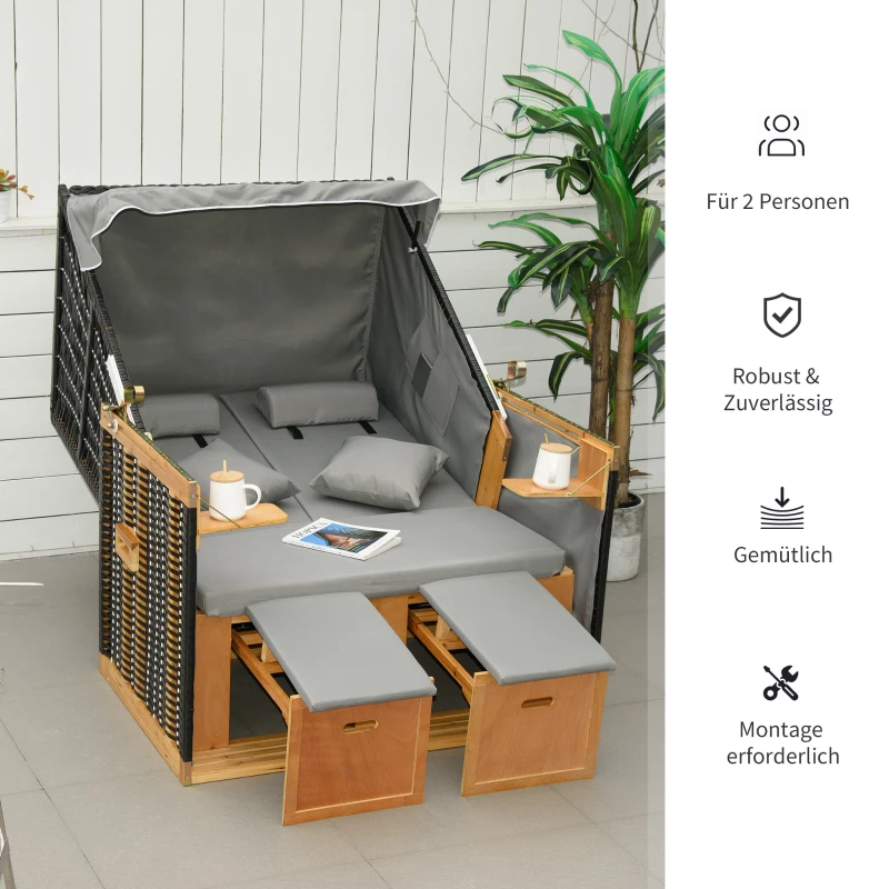 Outsunny strandstoel met dak rotan look klaptafel lichtgrijs 118 x 79 x 150 cm