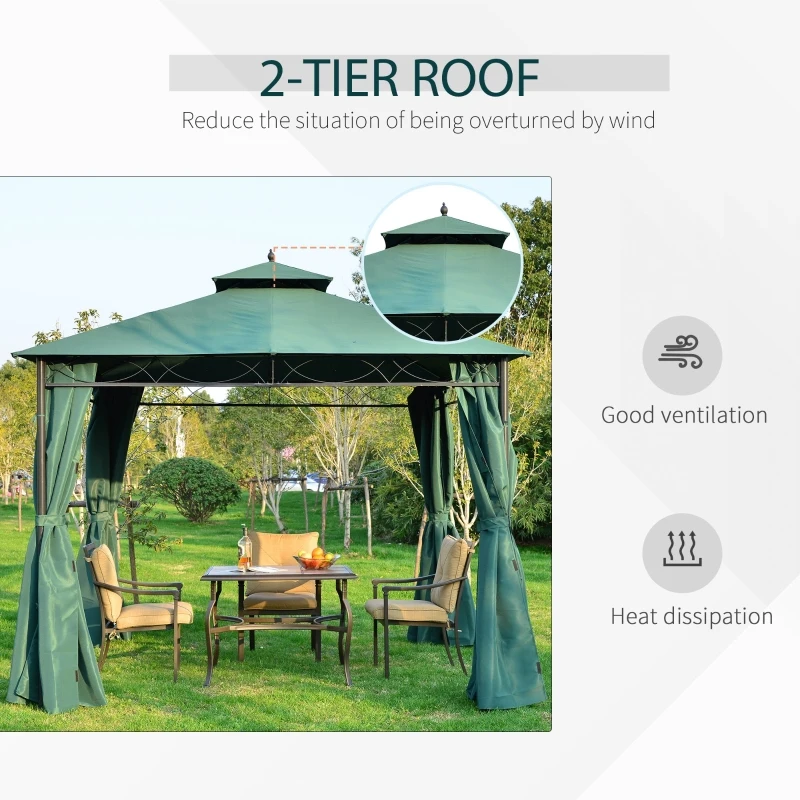 Outsunny 3m x3m Gazebo W/Metal Frame & Side Walls-Dark Green