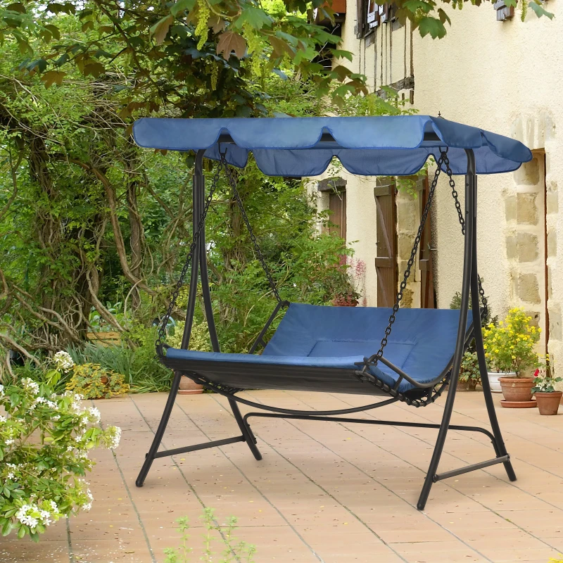 Outsunny schommelligbed Hollywoodschommel tuin ligbank voor buiten met dak voor 2 personen staal blauw 164 x 116 x 176 cm
