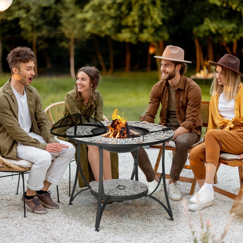 Outsunny tuintafel met vuurschaal metalen tegel 75 x 75x 60 cm