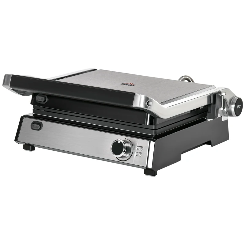 HOMCOM Kontaktgrill Elektrogrill für 4 Scheibe Sandwiches Toasts Steak Panini 2000W Tischgrill BBQ mit regelbarem Thermostat 180 Grad aufklappbar Aluminium Edelstahl Silber+Schwarz 36,6x35,7x16,2 cm
