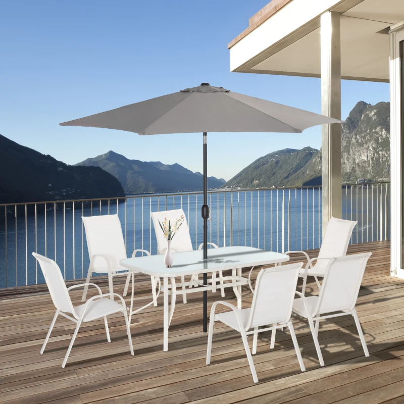 Outsunny Sitzgruppe für 6 Personen Essgruppe mit Sonnenschirm Gartenmöbel Set Alu Cremeweiß+Hellgrau