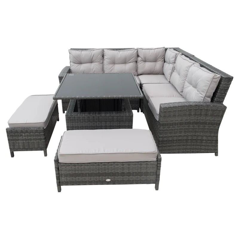 Outsunny 6 Pcs Rattan Corner Sofa Rising Table Set, Aluminium Frame Outdoor Patio Garden Wicker Dining Furniture Adjustable convertible Table