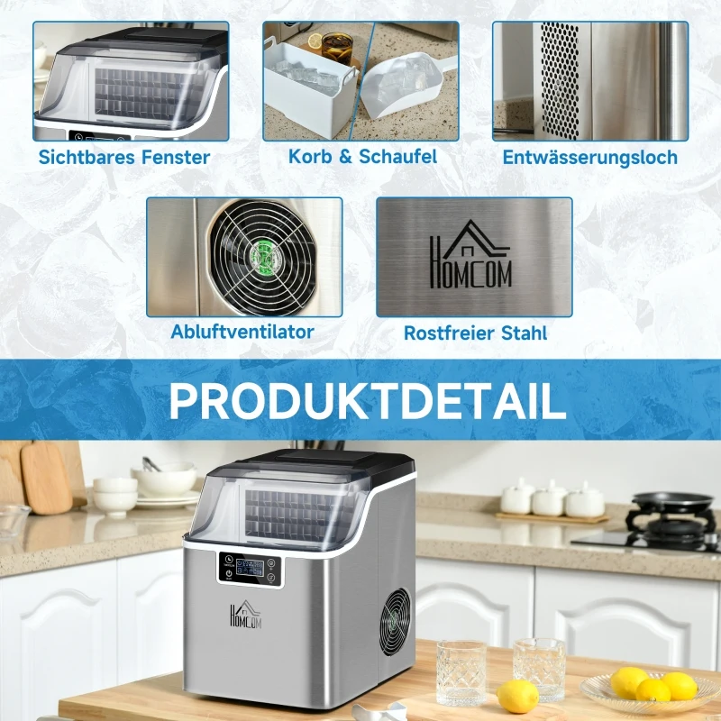 HOMCOM Ijsmaker, Compacte 20kg Ijsblokjesmachine met Zelfreinigende Functie voor Huisgebruik, Zilver