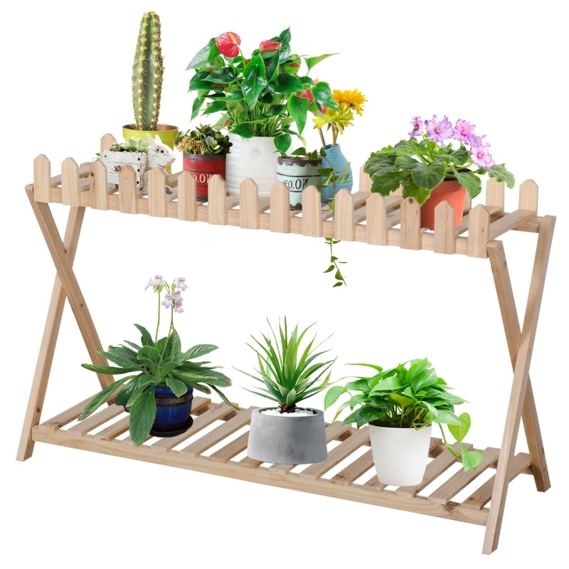 Outsunny Blumenregal aus Holz 2-stufiger Pflanzenständer Blumenständer Natur innen draußen 108 x 37 x 65 cm