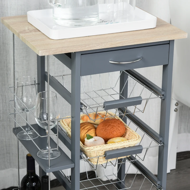 HOMCOM Carucior de Bucatarie, Gri Inchis, 1 Sertar si 4 Cosuri Metalice, 47x37x83cm