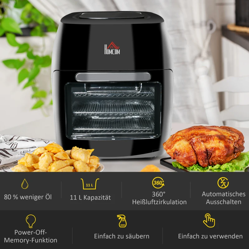 HOMCOM heteluchtfriteuse 11 L 1800 W met 8 menu's accessoires oven dehydrator barbecue voor gezond olievrij vetarm koken staal zwart 32 x 35,6 x 37,9 cm
