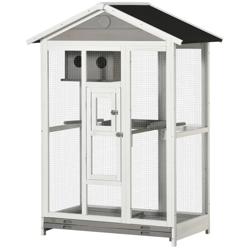 PawHut Houten Volière Vogelkooi met Zitstok Asfalt Dak Binnen/Buiten Waterdicht 112 x 68 x 154 cm