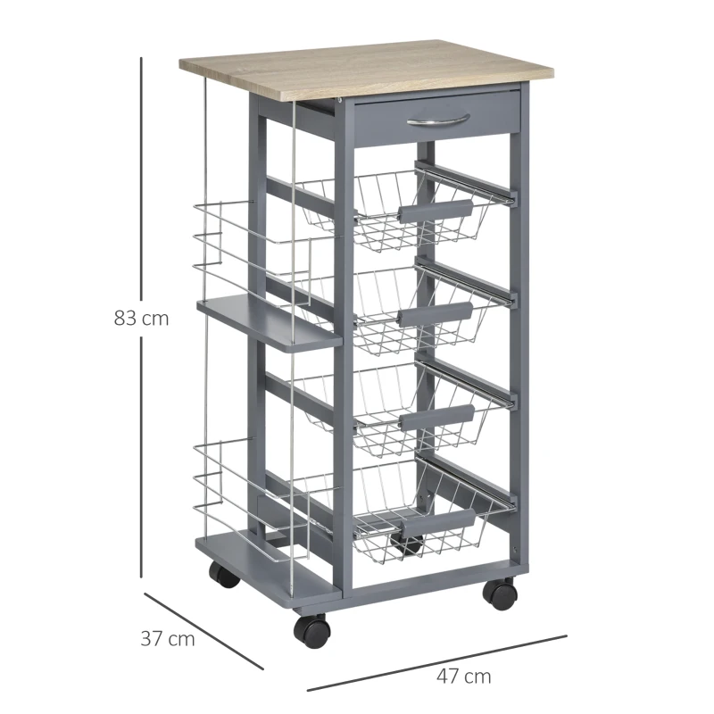 HOMCOM Carucior de Bucatarie, Gri Inchis, 1 Sertar si 4 Cosuri Metalice, 47x37x83cm