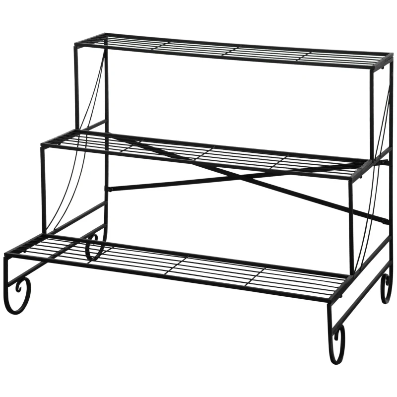 Outsunny metalen bloemenrek 3-laags plantenplank bloementrappen bloemenstandaard voor binnen en buiten tuinbalkon zwart 95 x 63 x 72 cm
