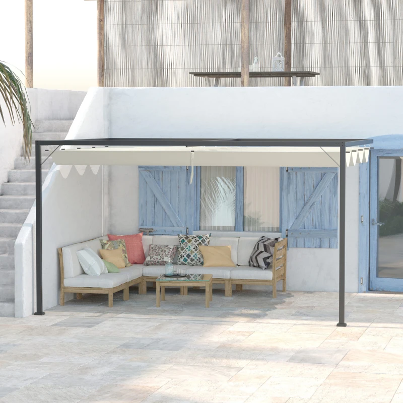 Outsunny 4 x 3(m) Outdoor Lean To Pergola Retractable Canopy Wall Mounted Gazebo Patio Shelter Sun Shade, Beige